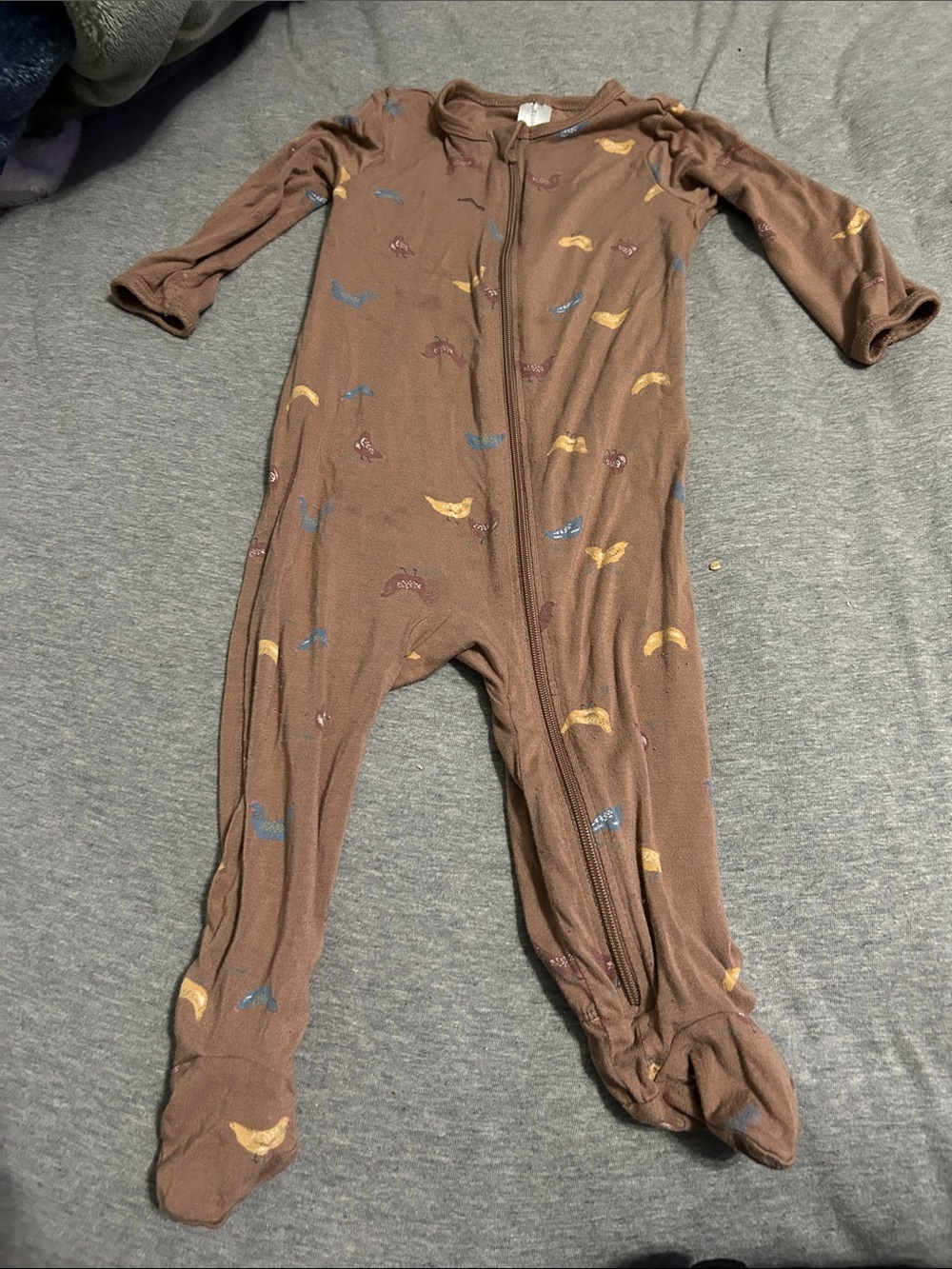 Brown Footed Baby One-Piece Zip Pajamas with Chicken/Rooster Print